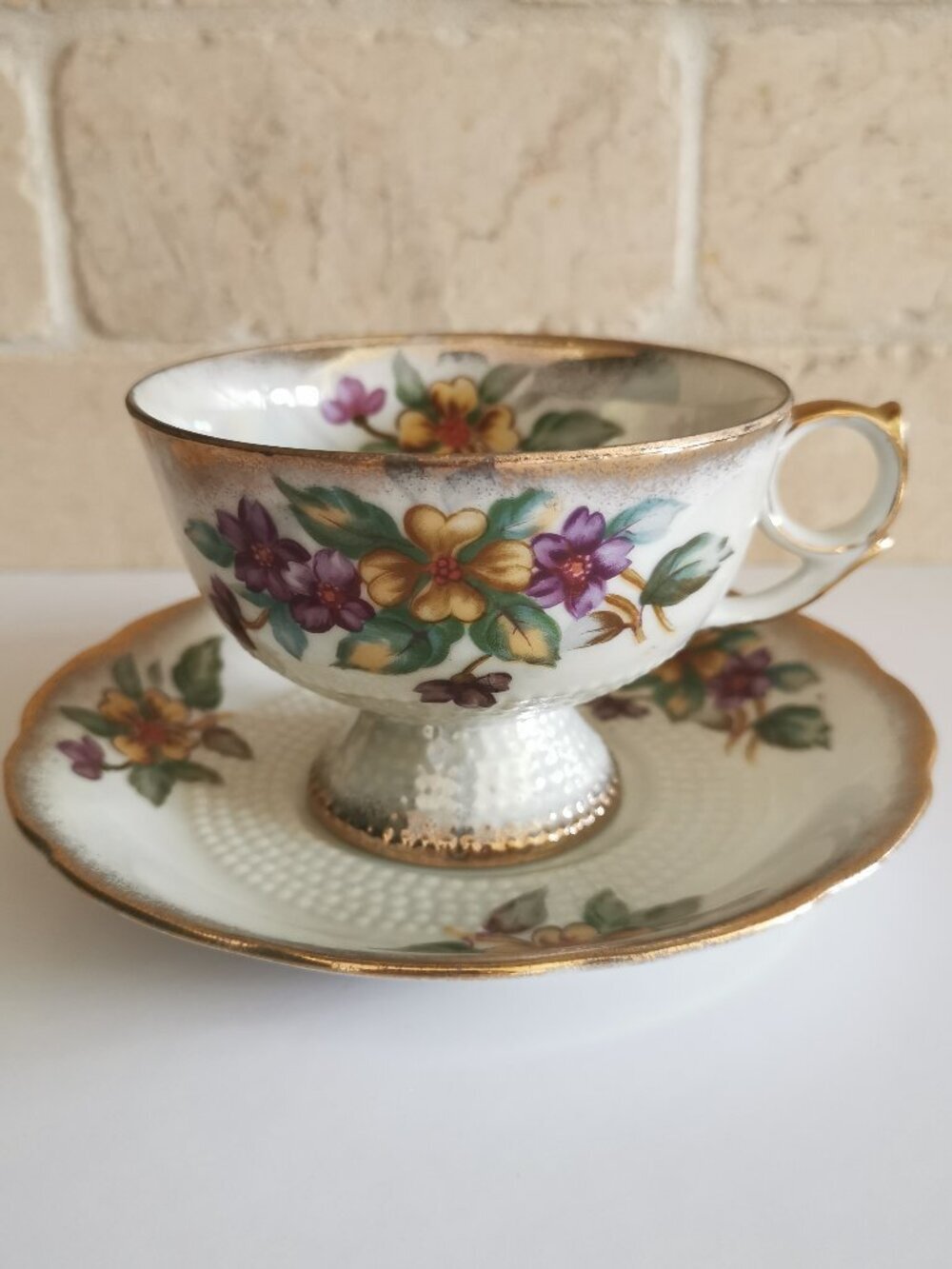 Violets Teacup and Saucer Iridescent Made in Japan Vintage Cottage Core
